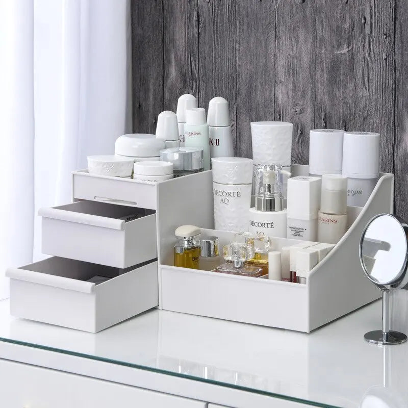 White Plastic Makeup Storage Box - Single Unit, Perfect for Dormitory and Desktop Cosmetic Organization